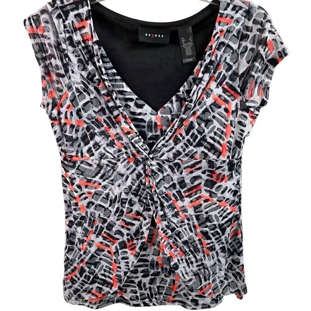 Axcess Women’s Vneck Short Sleeve Gathered Top Boho FairyGoth Blouse Size Small